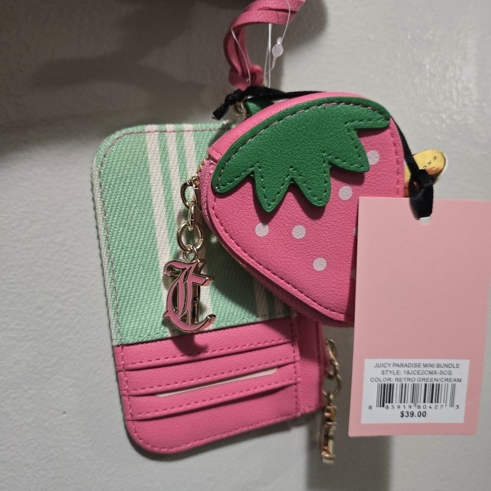 Juicy Couture Mint Green & Pink Stripe Wristlet with Strawberry Charm - Picture 8 of 11